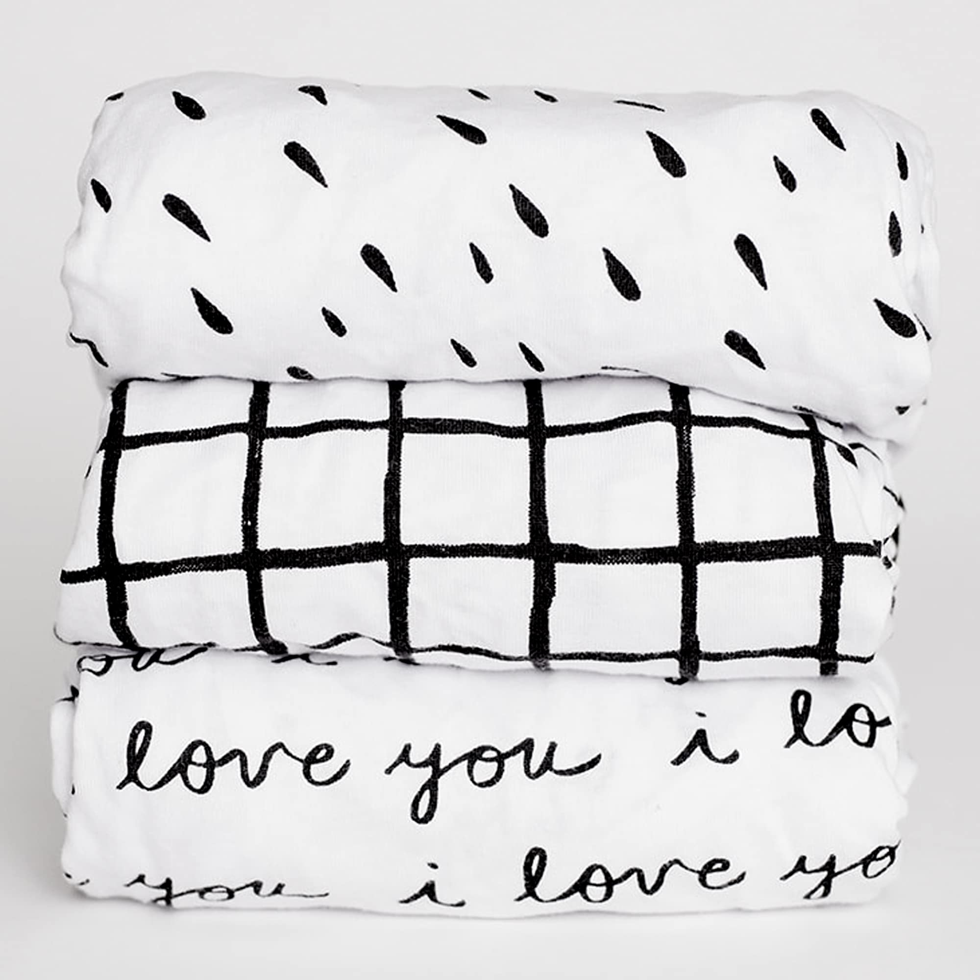 NODNAL CO.3 Fitted Bassinet Sheets Black/White Set for Baby Girl/Boy - 100% Cotton - Gender Neutral I Love You, Plaid & Abstract Grid - Cradle/Moses Basket Hourglass, Oval & Rectangle Mattress Sheet