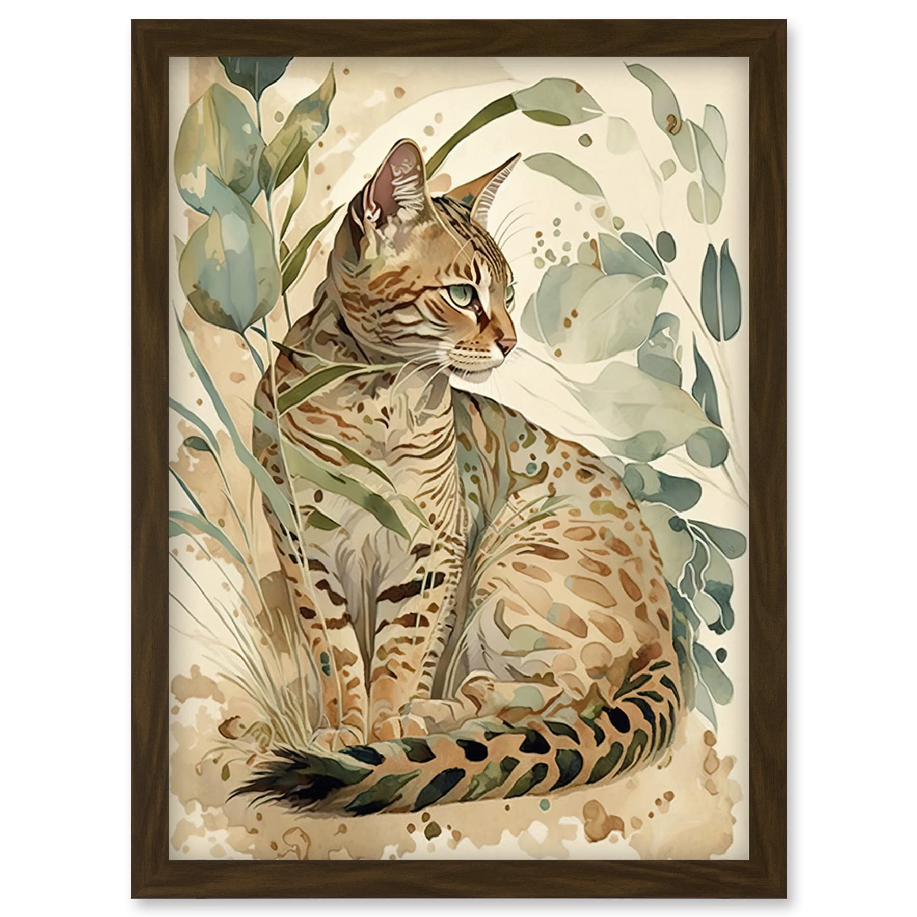 Artery8 Spotted Fur Coat Bengal Cat in Nature Pastel Watercolour Illustration Artwork Framed Wall Art Print A4