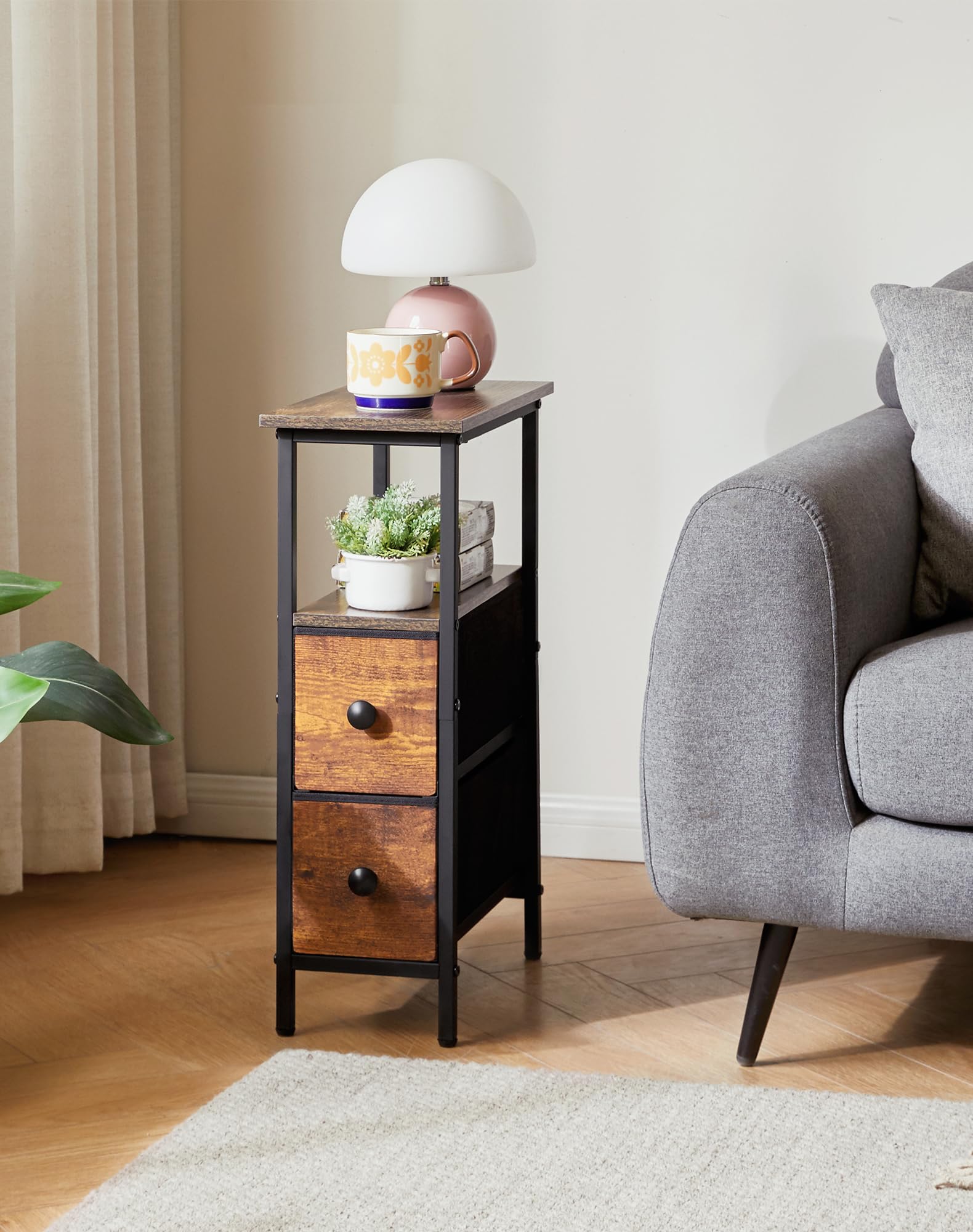 YMYNY Tables d'appoint Minces 2 pièces, Table de Chevet Ultra-Fine avec 2 tiroirs en Tissu, Table de Nuit pour Petits espaces,Bout de canapé pour Chambre à Coucher ou Salon, Brun Vintage HST019H-2