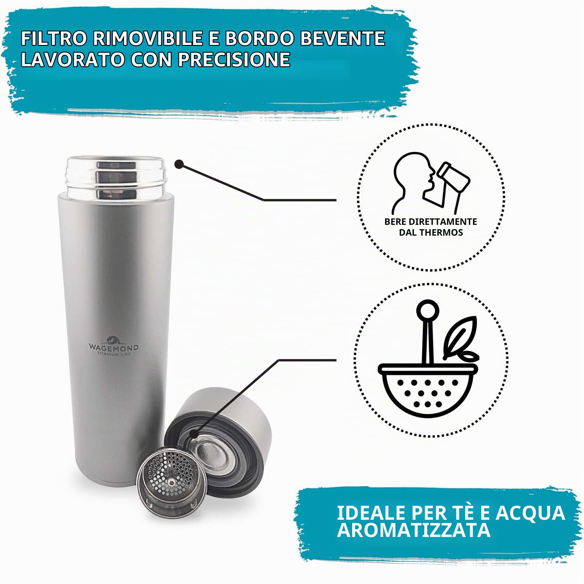 Thermos in titanio, 450 ml, ultraleggero e a doppia parete, isolato, 100% titanio, insapore e senza BPA, con filtro da tè e spazzola naturale, per tutti i giorni, viaggi e attività all'aperto