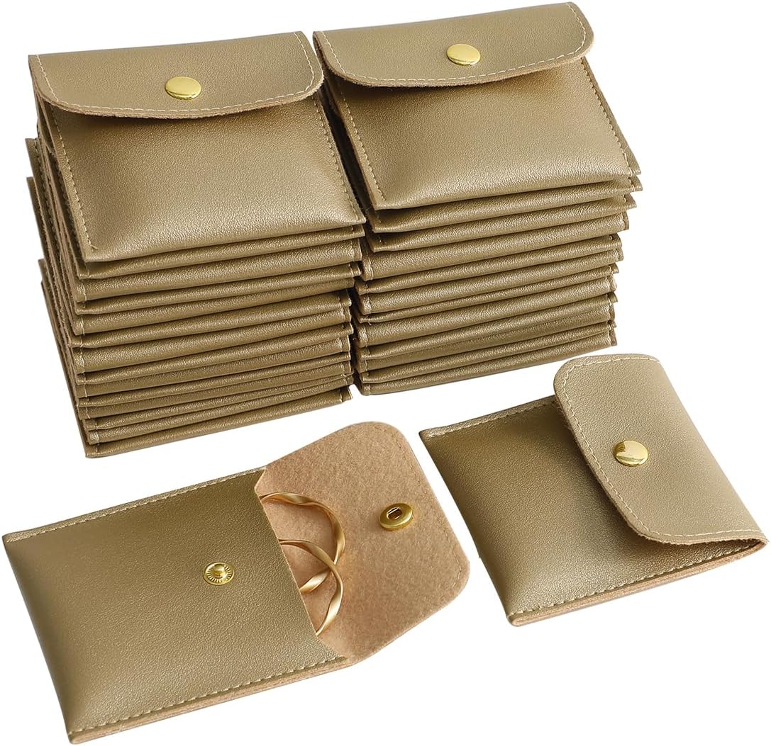40pcs PU Leather Small Bags for Jewelry 8 x 8cm Snap Button Jewelry Packaging Bag Gold Luxury Small Favor Bags Jewelry Gift Bags for Earrings Necklaces Bracelet Ring