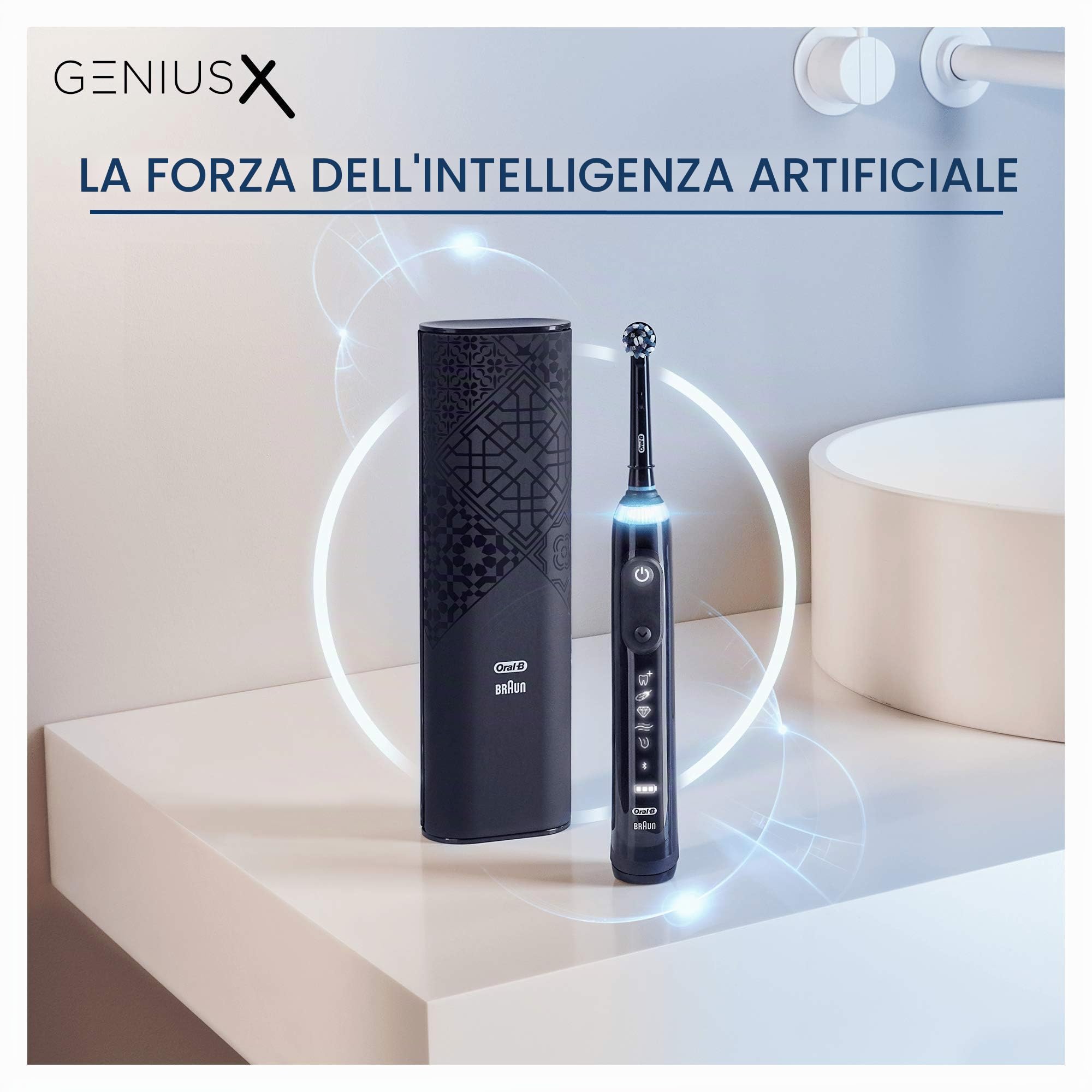 Oral-B Genius X Luxe Edition Spazzolino Elettrico Ricaricabile, 1 Spazzolino Nero con Intelligenza Artificiale, 4 Testine di Ricambio, 1 Custodia da Viaggio con Caricatore