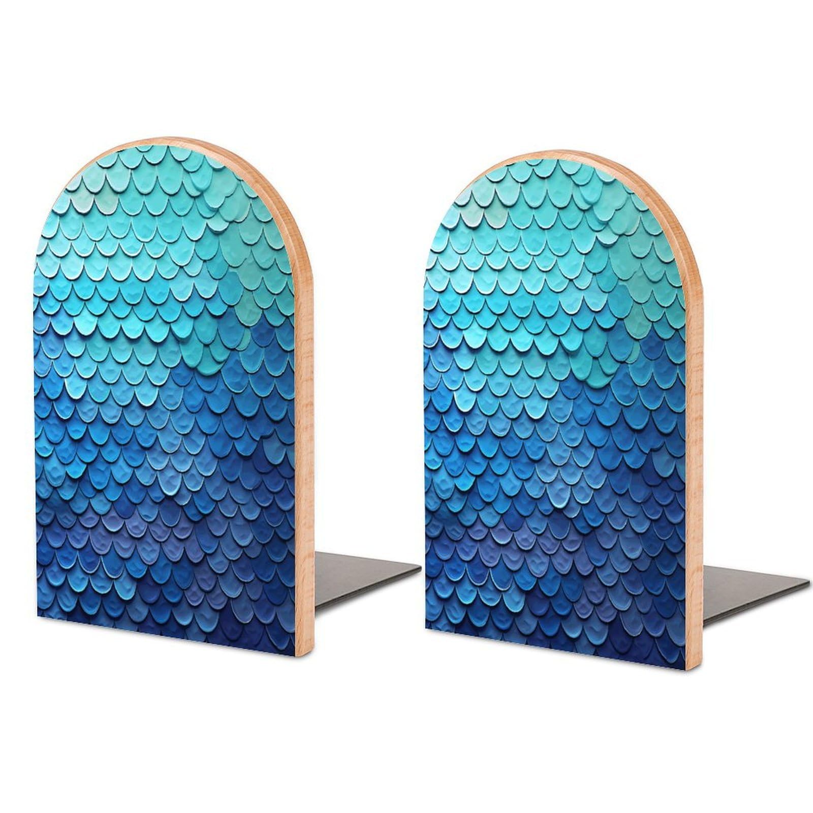 Ocean Sea Blue Mermaid Fish Scale Bookend Wood Book End for Shelves Heavy Duty Non-Slip Wooden Bookend Support Universal Economy Bookends Fancy Modern Decorative Book Accessories 1 Pairs