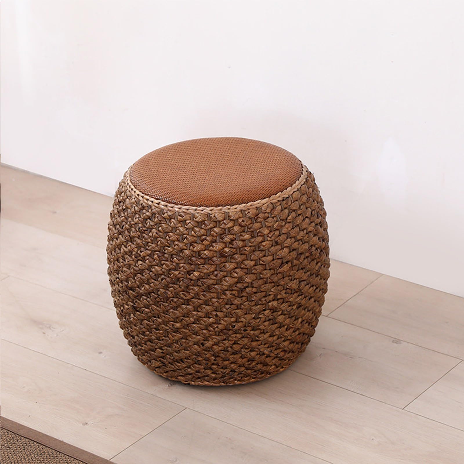 Rattan Trommelhocker Korb Ottoman Handgefertigt Bambussitz Holzrahmen | Wasserhyazinthe Flechtwerk Rustikal Möbel Fußhocker Beistelltisch Rutschpads 300lbs(Brown,H37cm)