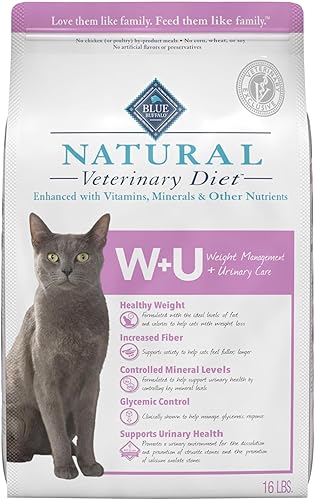 Blue Buffalo Natural Veterinary Diet W+U Weight Management + Urinary Care Alimento seco para gatos, requiere receta veterinaria, pollo, bolsa de 16