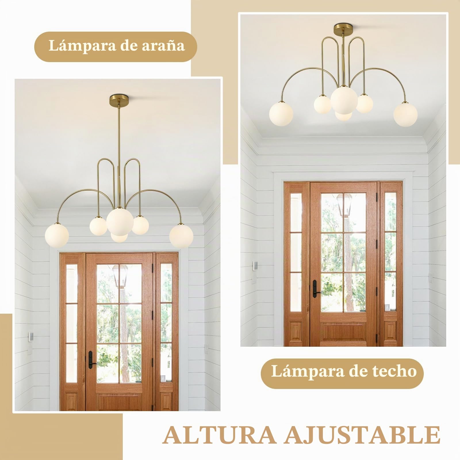KCO Lighting Lámpara de Techo Sputnik con Esferas de 6 Luces para Salón, Dorada con Esferas de Cristal, Diseño Moderno para Comedor, Dormitorio, Recibidor y Cocina