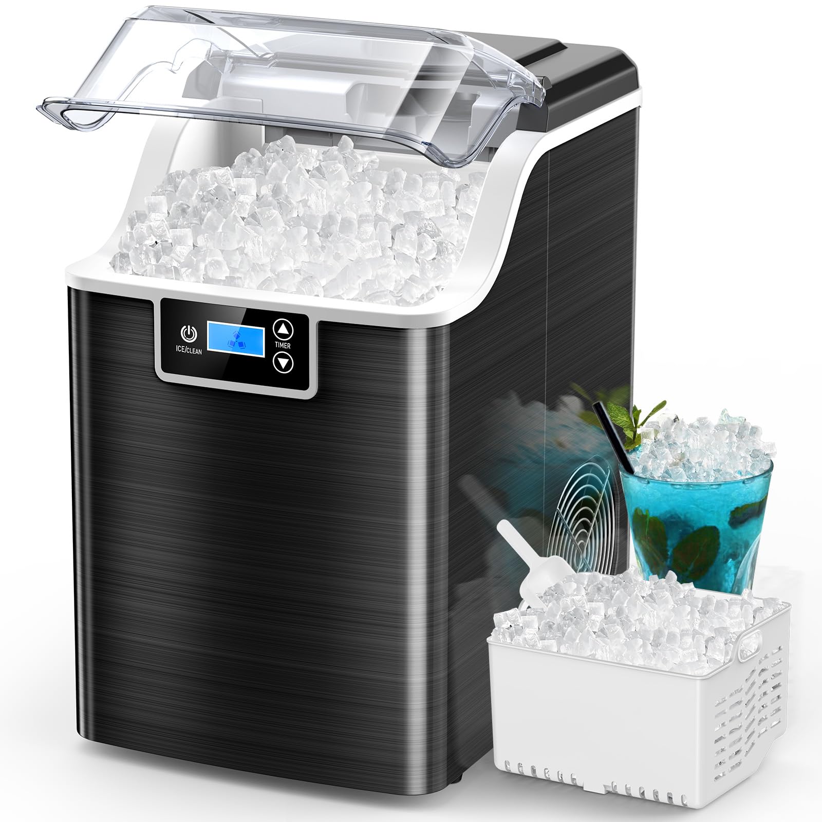 Kndko Ice Makers Countertop,45lbs/Day,3.3 Pounds a Basket in 1.5-Hour,Self Cleaning Ice Machine,Crushed Ice Maker with 24H Timer, Nugget Ice Maker for Home Kitchen Bar Party RV(Stainless Steel,Black)