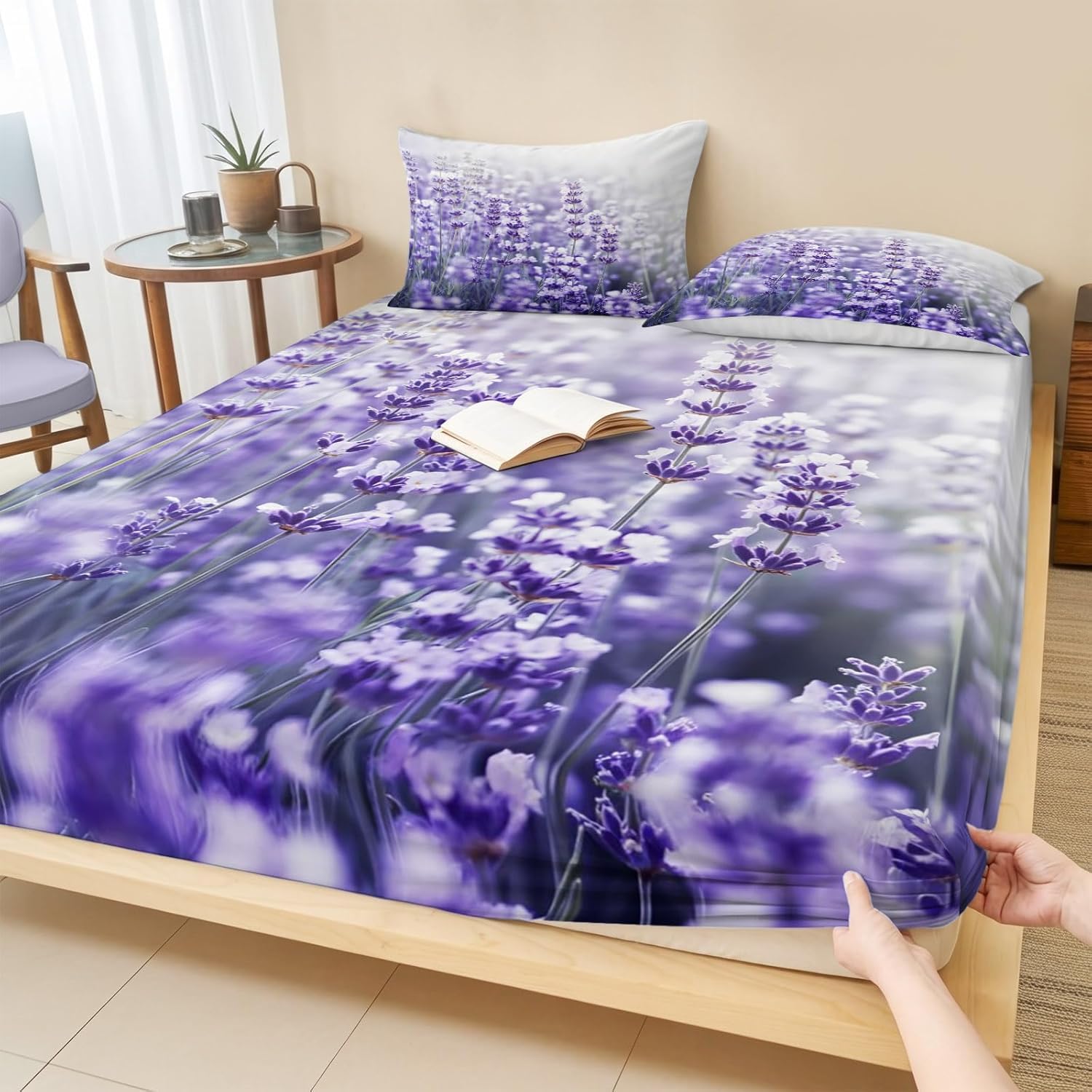 Bettlaken Lavendel Spannbettlaken 180x200cm Lila Blüten für Boxspringbett Weiche Mikrofaser Spannbetttuch 3D Spannbetttücher mit 2 Kissenbezug für Kinder Erwachsene XCW4627