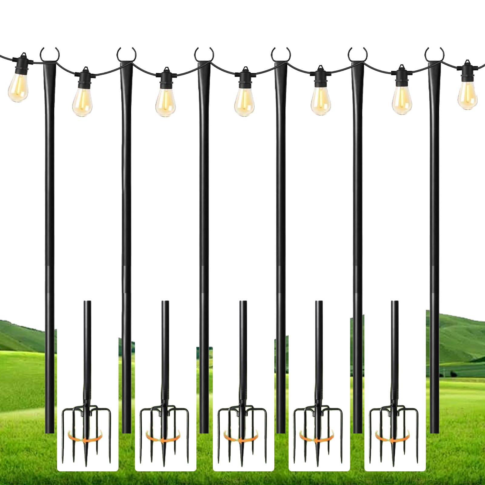 6Pack String Light Poles, 3M/10FT Lichterkettenstangen Lichterkettenmast Außen mit Gabel, Lichterketten Halterung für Draußen, Patio, Deck, Hinterhof, Garten, Party, Hochzeit