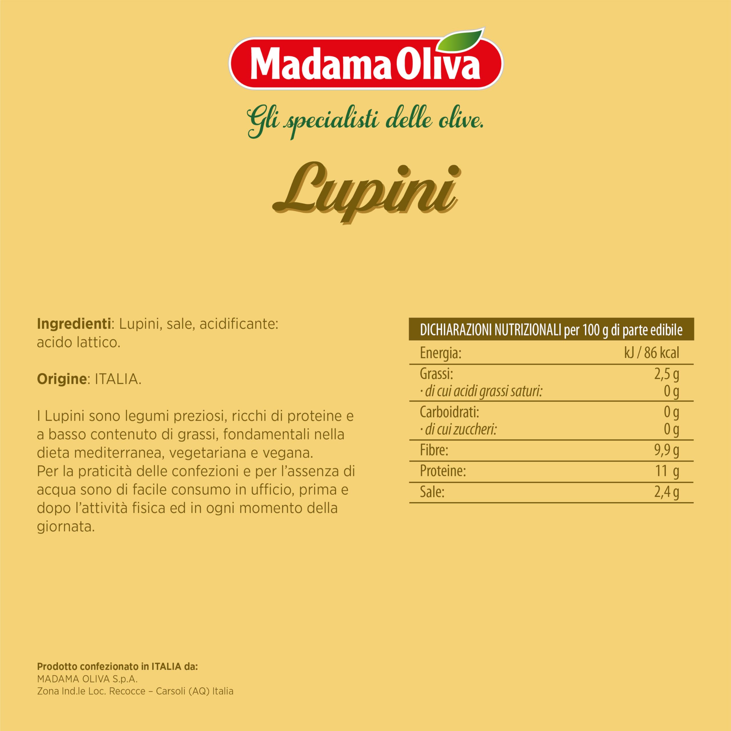MADAMA OLIVA, Lupini, Ottimo Snack per Aperitivi, Ideale per le Insalate Miste e nelle Minestre, Senza Conservanti Aggiunti, 100% Made in Italy, Box da 20 Buste in Alluminio da 30 gr