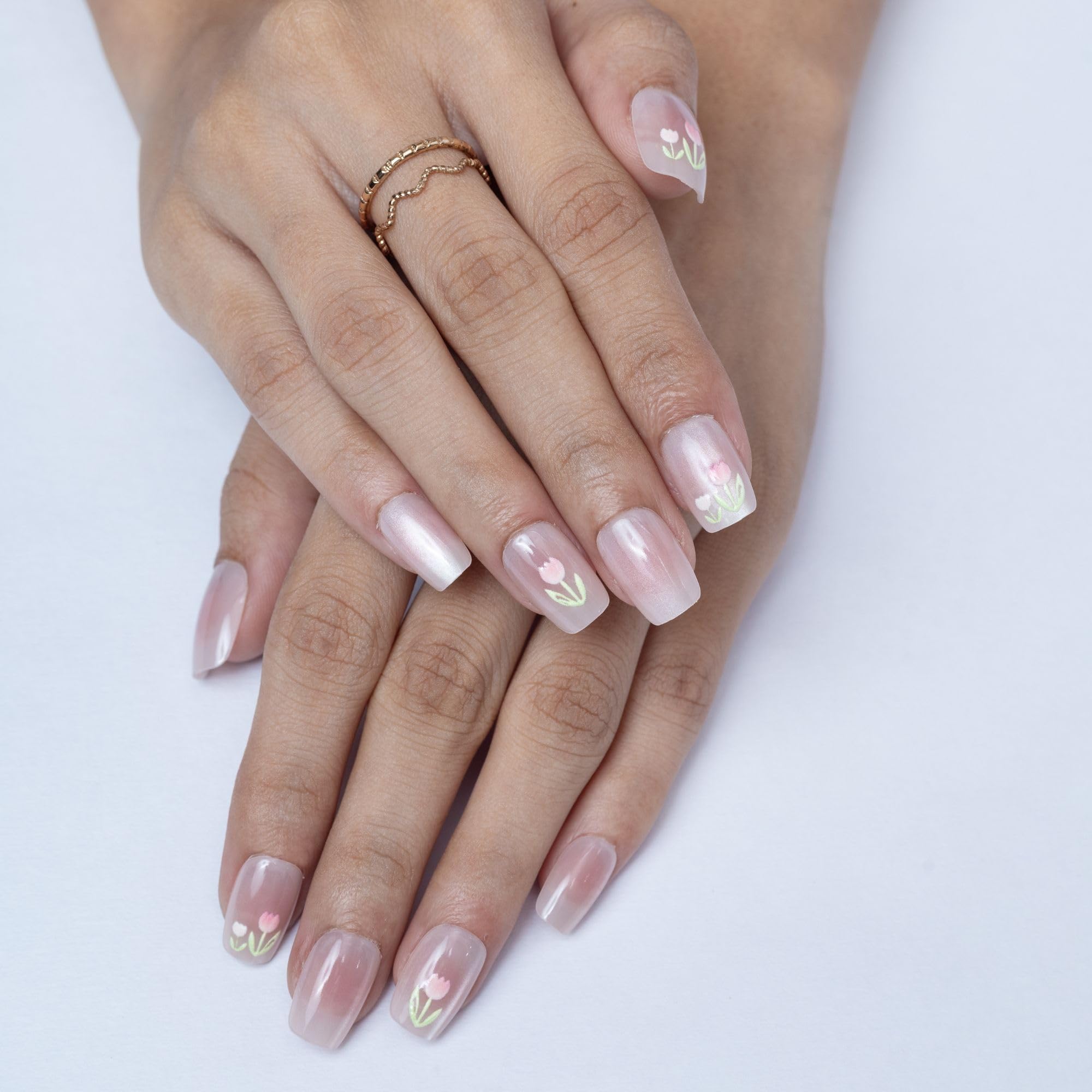 Tulip Medium Coffin Floral Pink Cat Eye Reusable Artificial Nails | 30 Tips-image-33
