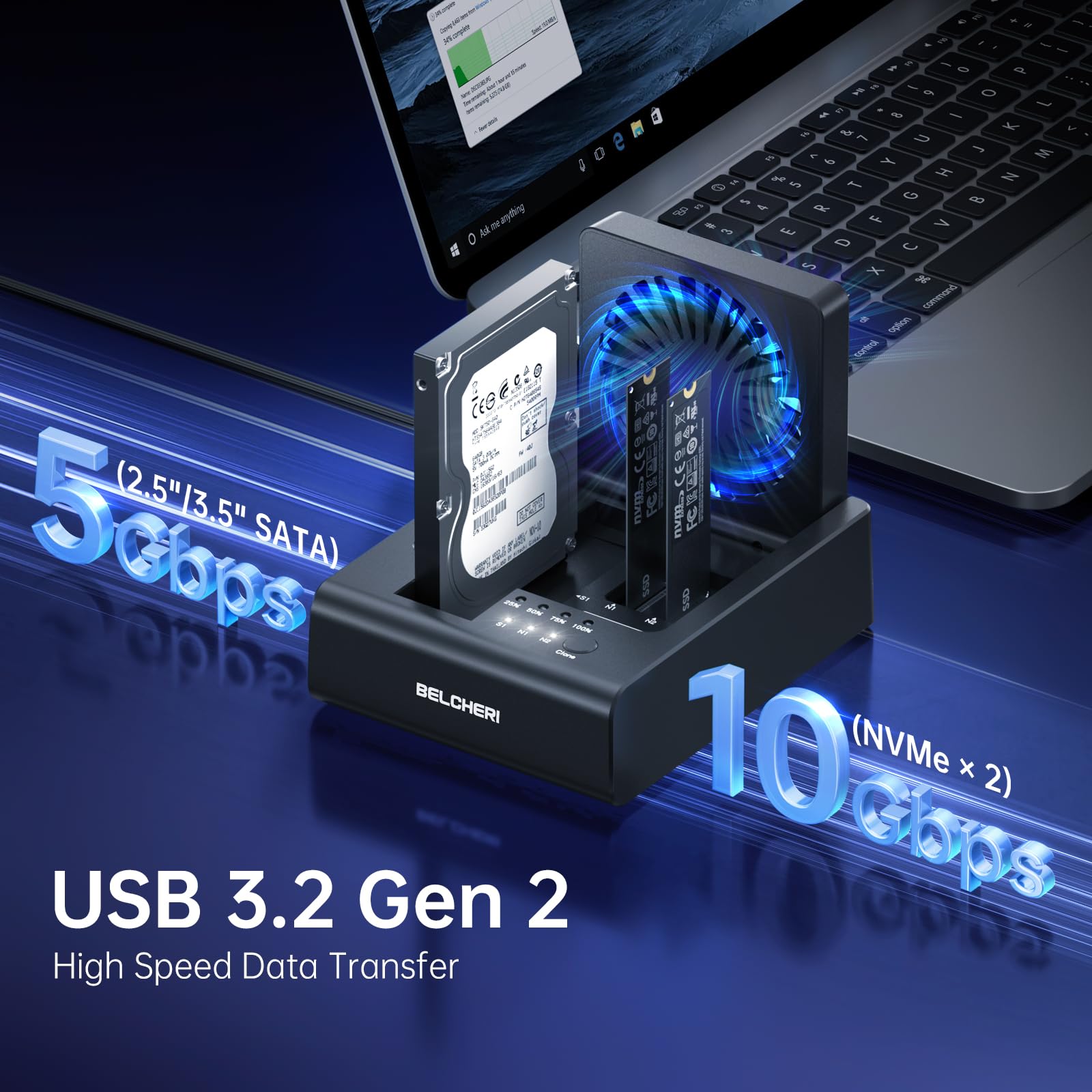 Base de 3 bahías para clonación de discos duros, USB 3.2 Gen 2, 10 Gbps, para M.2 NVMe SSD y SATA HDD de 2,5"/3,5", HDD/M.2 NVMe SSD Cloner Docking Station con ventilador plegable