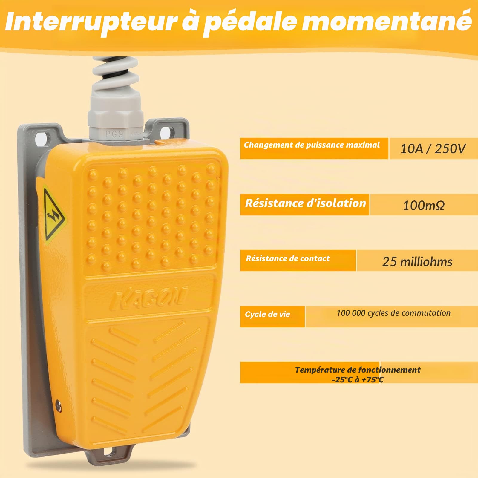 Commutateur de Pied Industriel 250V 10A Antidérapant Mains Libres Interrupteur à Pied Interrupteur à Pédale avec 1.8M Câble