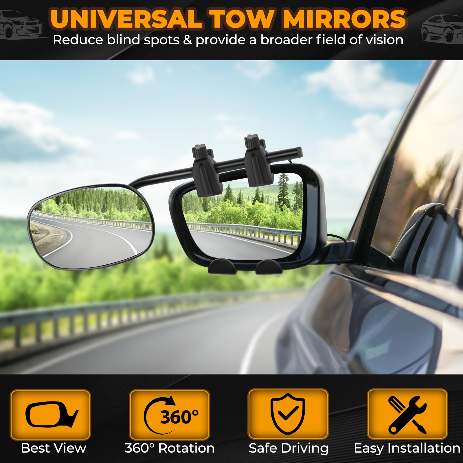 23" Espejos Caravana Coche Retrovisores Caravana Coche Espejo Retrovisor Caravana Coche para Remolque Furgoneta Camion Tractor Universal, Espejos Retrovisores Caravana, 2 Unidades