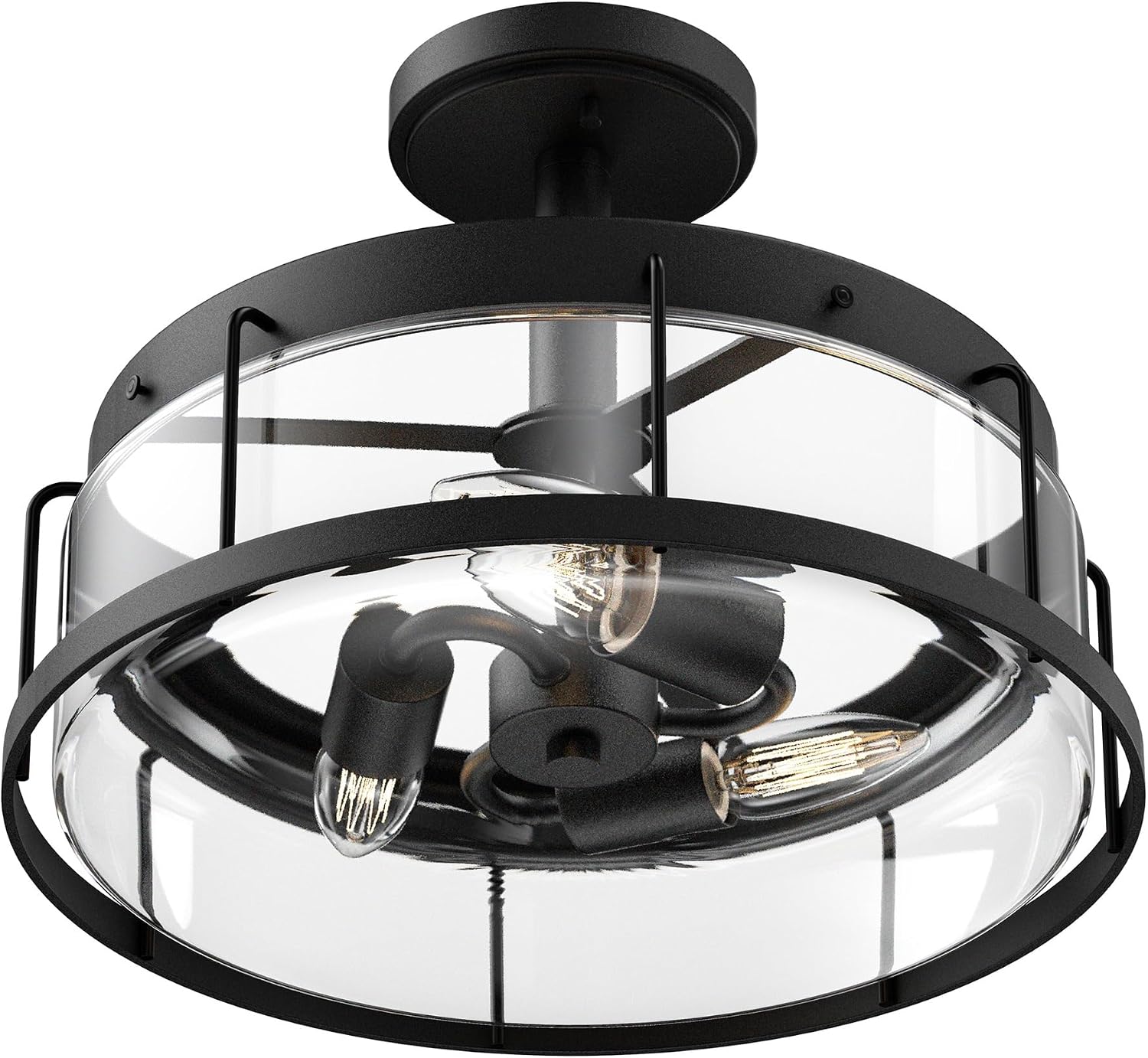 LEDMyplace 3 Light Semi Flush Mount Ceiling Light, Matte Black, Clear Glass Shade, Farmhouse Close to Ceiling Hanging Fixtures for Hallway, Living Room, Drum Shape, E26 Base (Bulb Not Included)