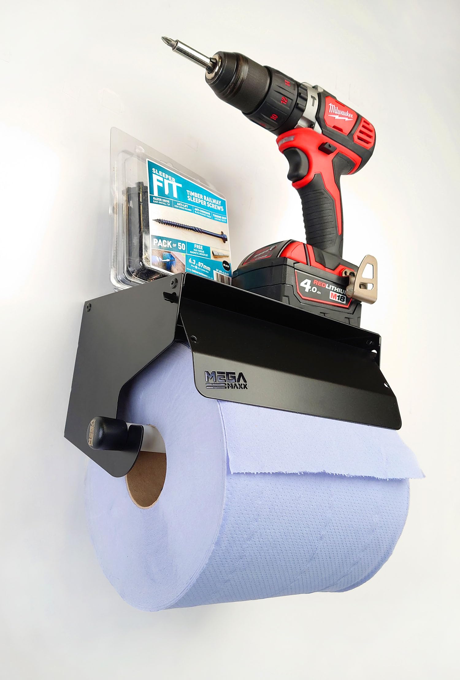 Rollo de papel de metal resistente montado en la pared, 220 mm, color azul, dispensador galvanizado con cubierta de rodillo para baño, saneamiento y oficina, color negro