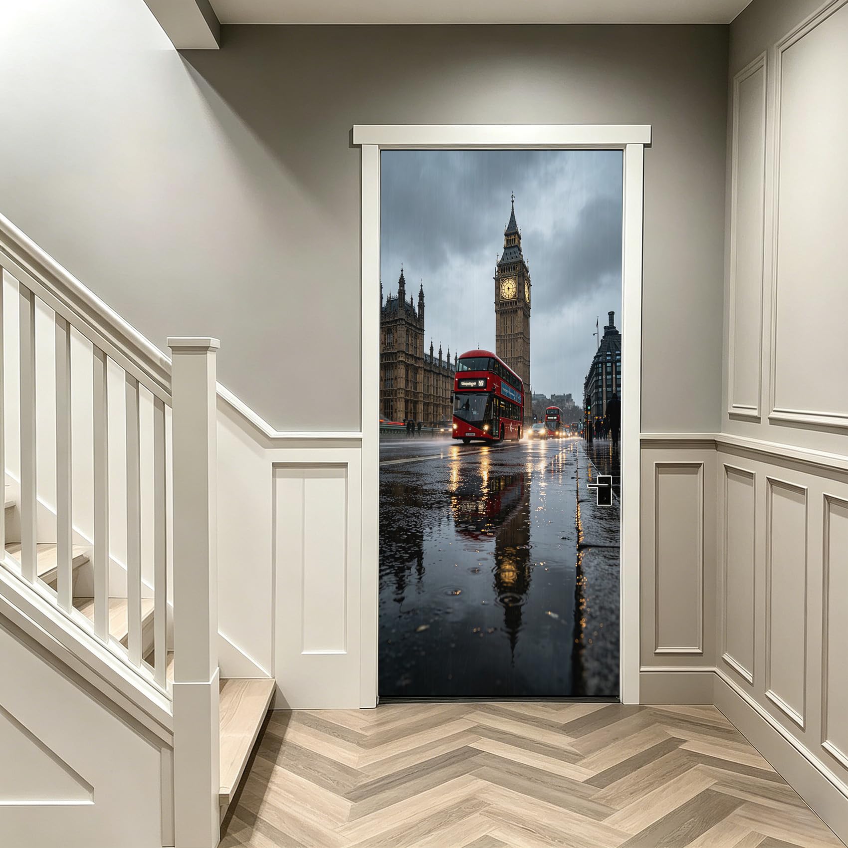 Stickers Porte 3D Londres Sticker Porte Trompe l'oeil Scènes de Rue Papier Peint Auto Adhésif, PVC Imperméable Poster Autocollants pour Salon Cuisine Chambre Salle de Bain 95 x 215 cm I252