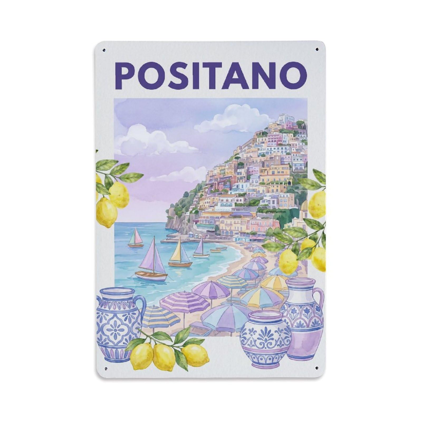 Vintage Travel Positano Italy Lavender Metal Tin Sign Plaque Wall Decor for Cafe, Club Bar, Office, Garden Metal Poster 8x12Inch