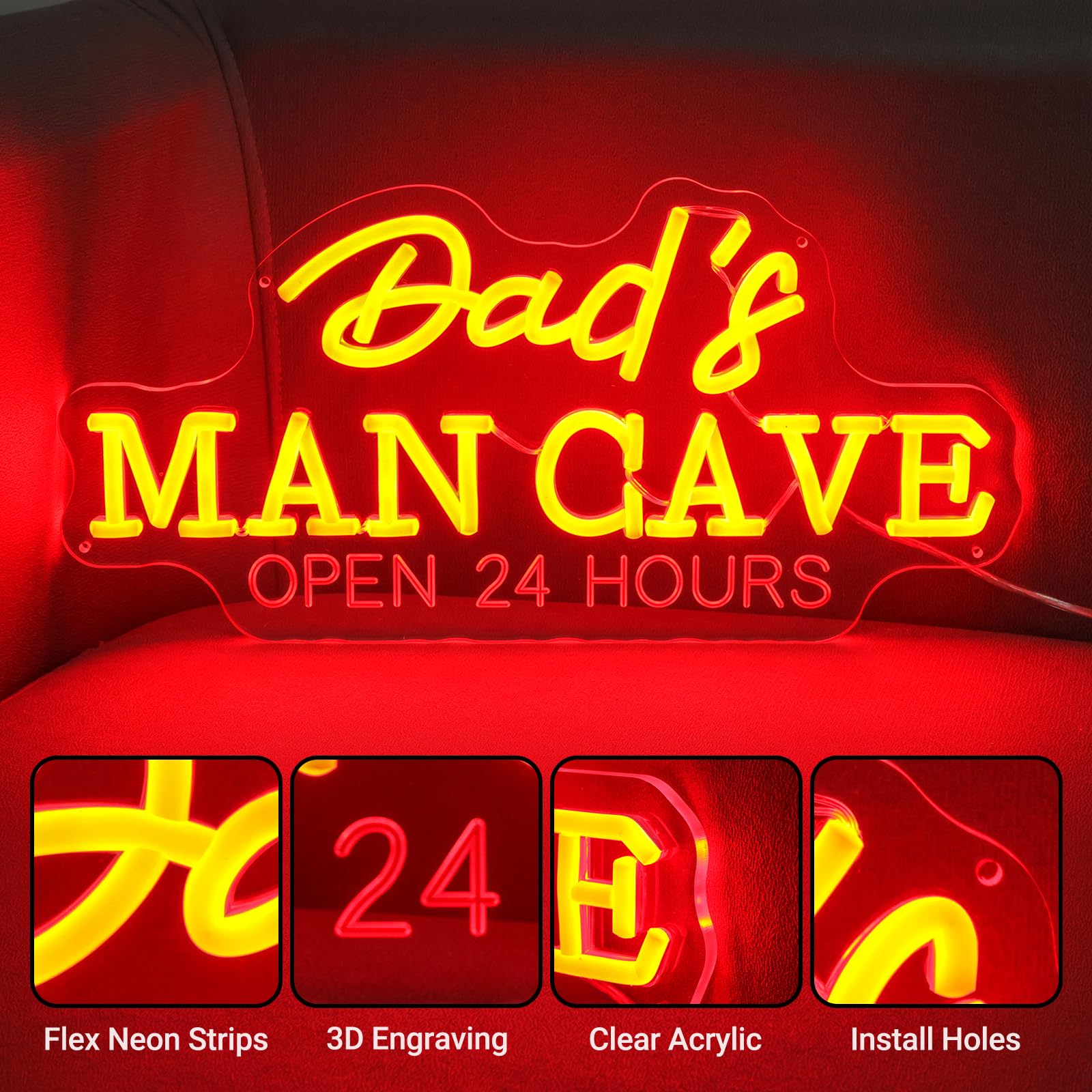 Dad's Man Cave Neon Sign, Handmade Dimmable Red 3D Engraving Open