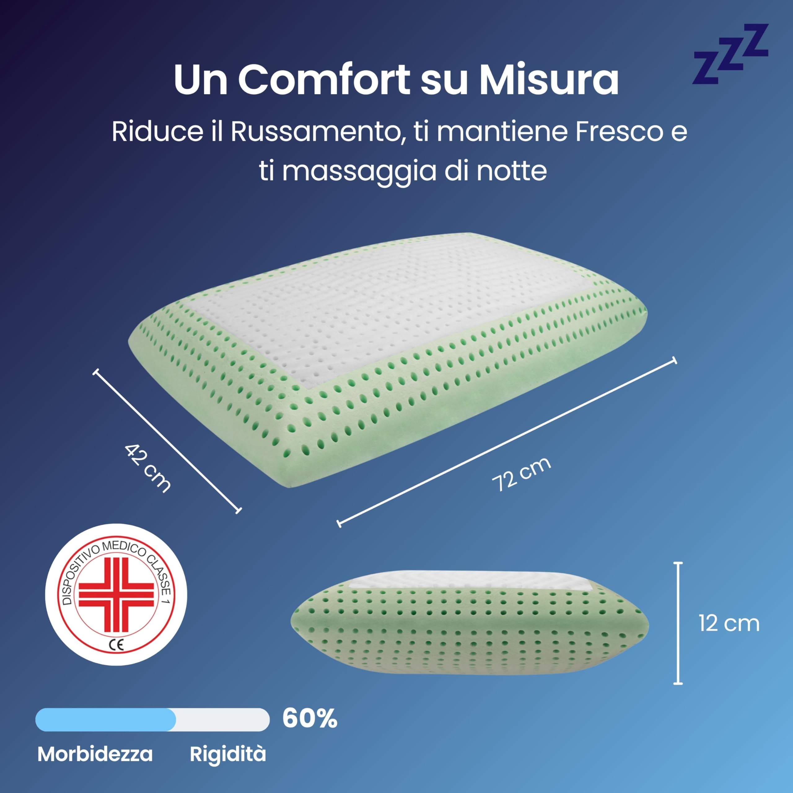 OlimpoFLEX Apollo | Cuscino in Bio Memory Foam e Oli Essenziali Ortopedico Effetto Antirussamento da Letto 72x42cm Guanciale Ergonomico con Federe in Omaggio – Made in Italy 100%