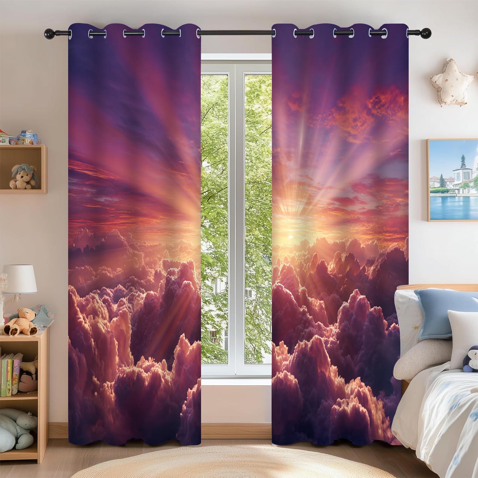Coucher De Soleil Rideaux Occultant,140x180cm（LxH）,Ciel Et Nuage Rideau,Thermique Isolant Tenture Opaque à Oeillets Draperies Intérieurs pour Maison Chambre Salon Fenetre,2 Panneaux