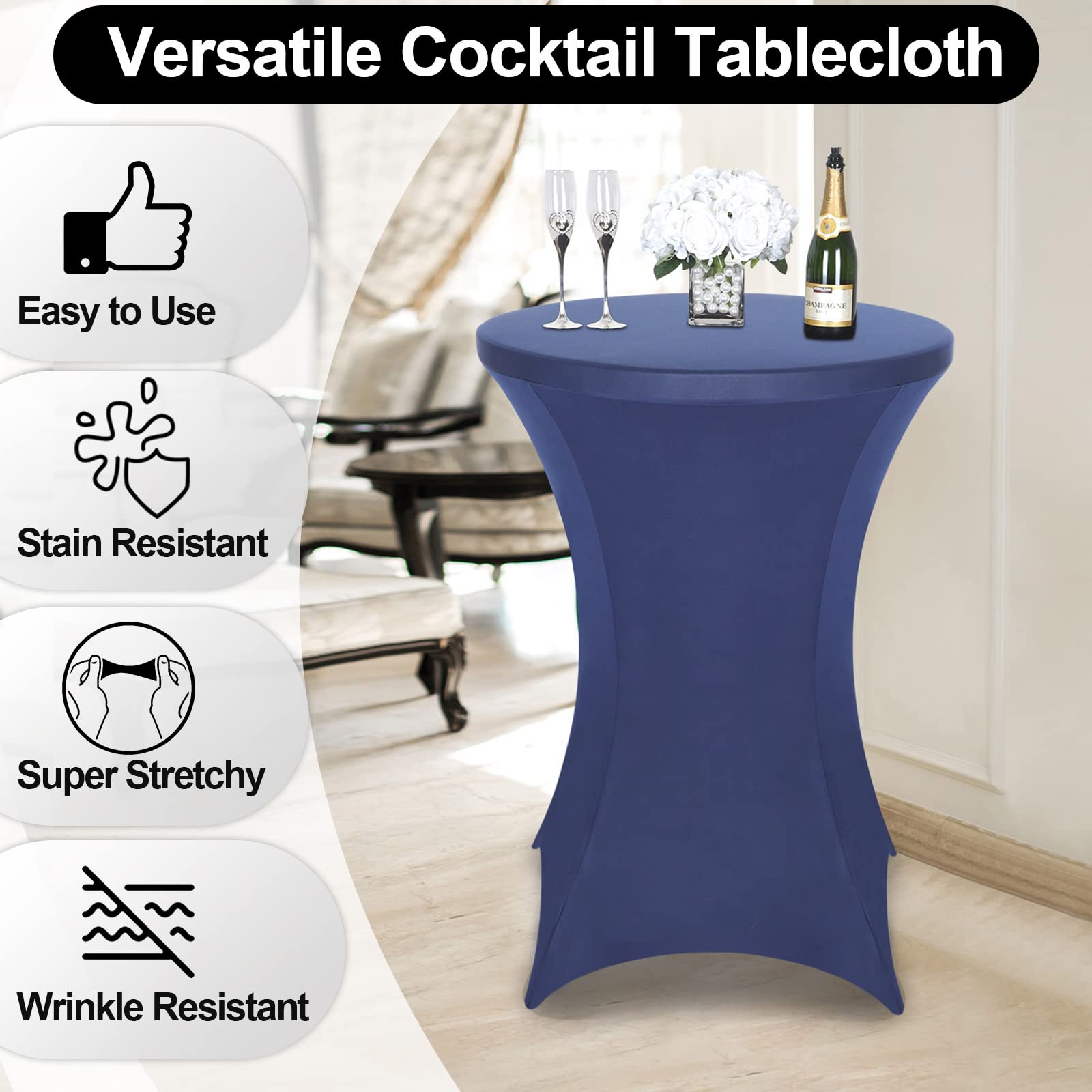 FestiCorp Paquete de 10 fundas ajustables de elastano para mesa de cóctel, mantel elástico para fiestas, bares, bodas, cumpleaños, banquetes, color azul marino, 30-32 pulgadas de diámetro x 40-43