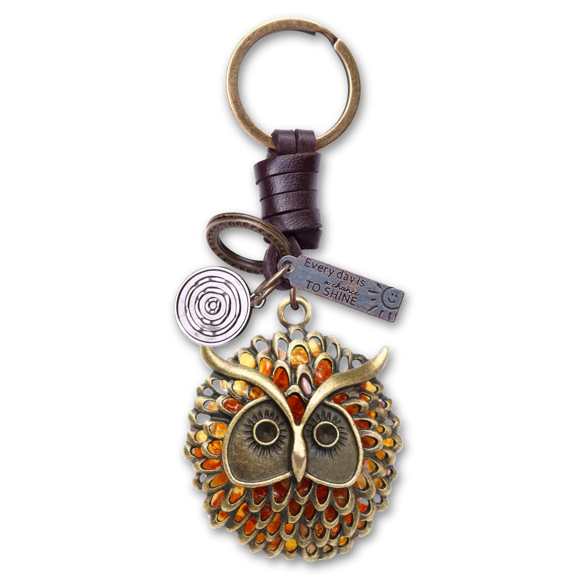 AuPra Amber Owl Keyring Gift for Women & Men | Handmade Leather Bird Key Ring | Vintage Charm for Home, Car & Door Keys | Cute Keychain Present for Her & Him