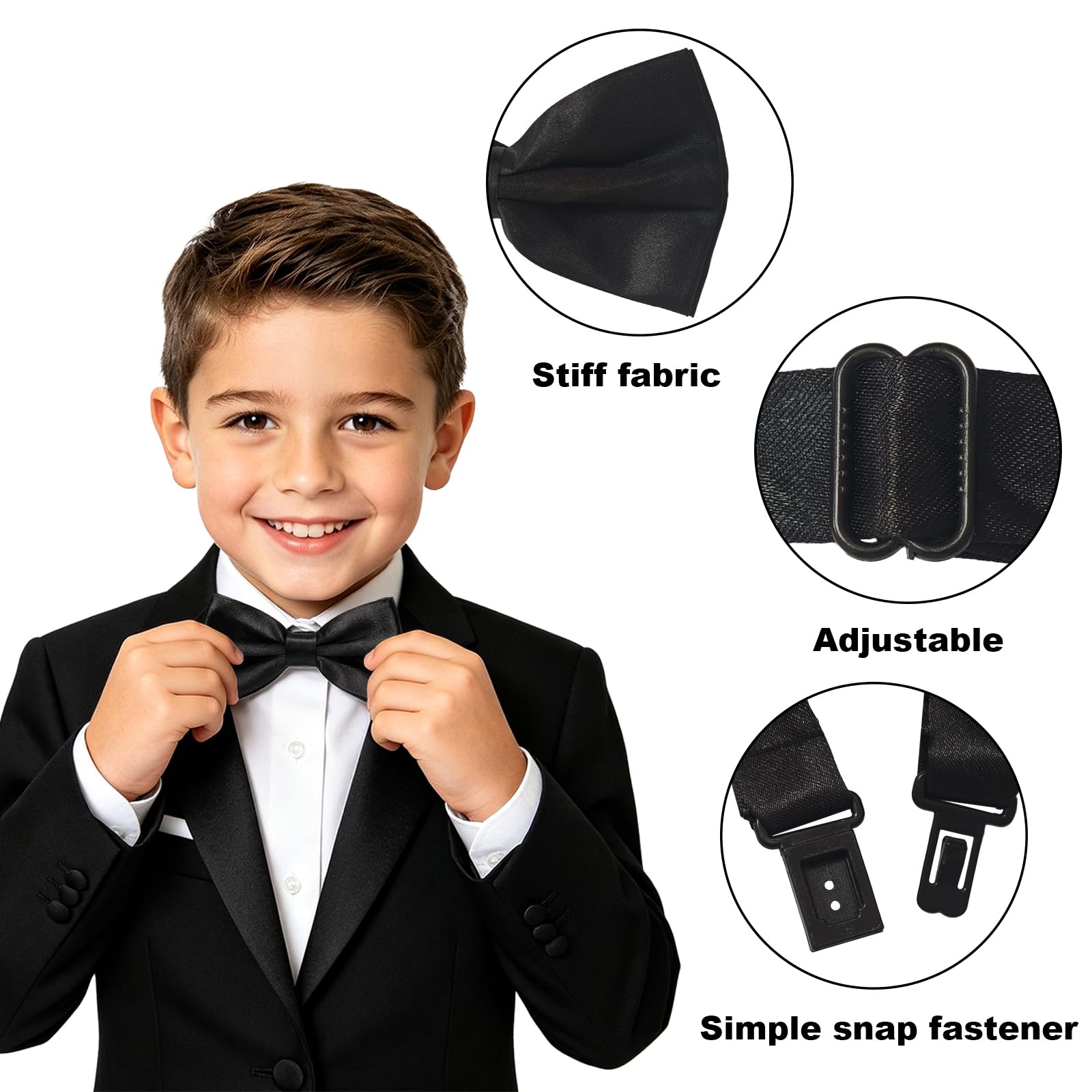 4 Piezas Corbata Negra Niño Ajustable Pajarita Niño, Suave Elástico Corbatas para Niños Niñas Fácil de Poner, Preanudado Cumpleaños Ceremonia Festiva Escolar
