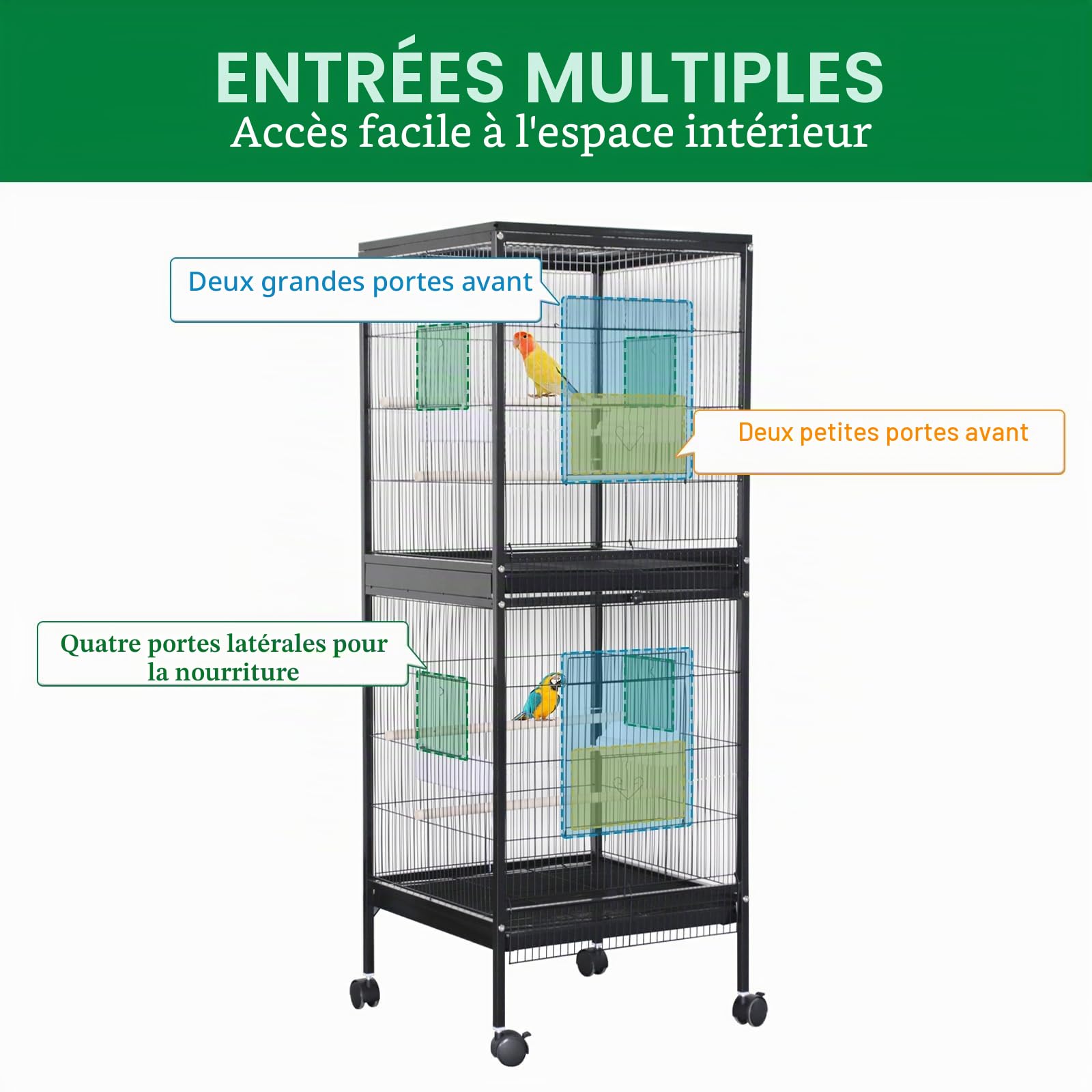 Cage à Oiseaux métallique Grand Stable Double étage et Aire de Jeu, avec Chariot Roulant, tiroirs extractibles, perchoirs en Bois et mangeoires, idéale pour perruches ondulées, perruches nymphes