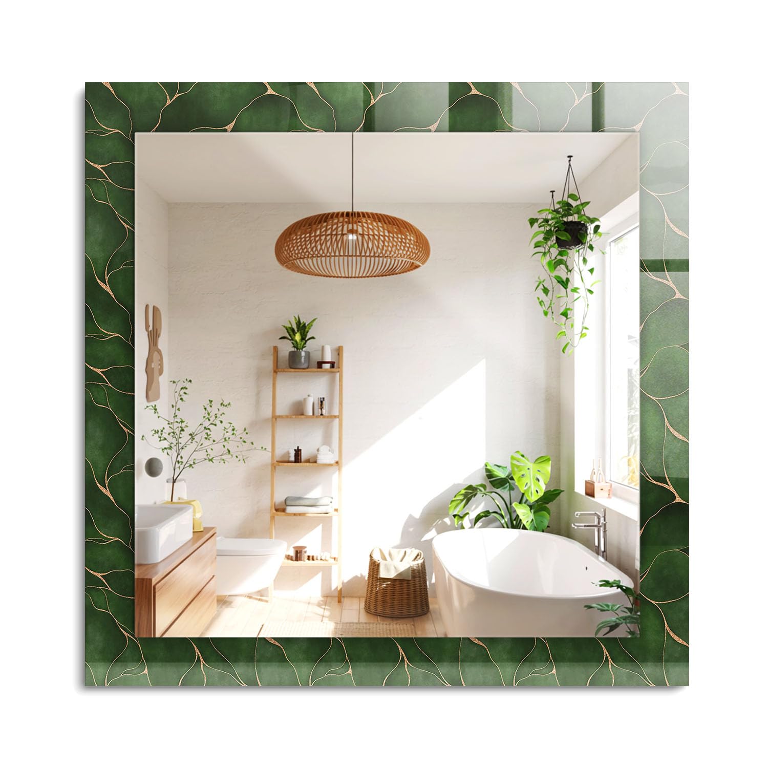 Grand miroir rectangulaire boho 60x60cm avec cadre déco feuilles