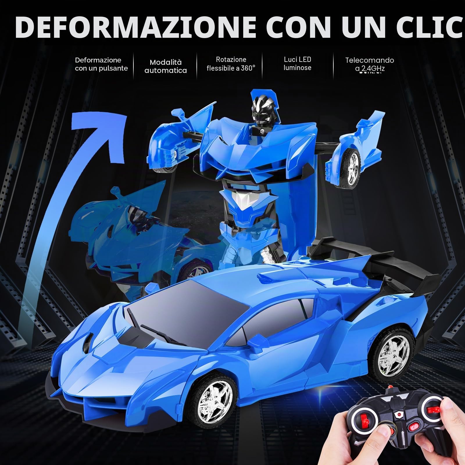 Thedttoy Macchina Telecomandato Robot Trasformatore Giocattolo per Bambini 3 Anni+, 2.4GHz Telecomando Trasformazione Auto Radiocomandata Robot da Corsa RC Auto Giocattolo per Ragazzi Ragazze (Blu)