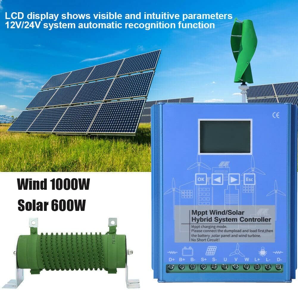 Lithium Battery 1000W Wind 600w Solar 12V/24V with Dump Load , Wind Solar Hybrid Charge Controller with Wind Generator MPPT Boost Charging Function, for Off Grid Wind Solar Hybrid System