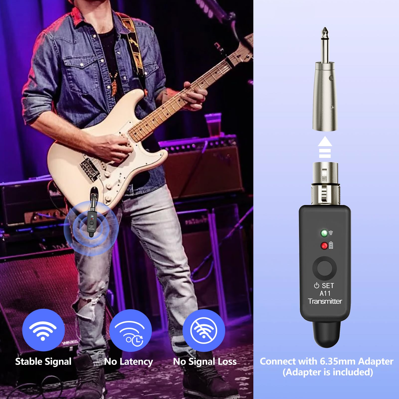 A11 2,4GHz Drahtloses Mikrofon-System – Transmitter & Receiver mit 4 Kanälen, Plug-on XLR-Adapter, geeignet für dynamische/Kondensatormikrofone, Audiomixer (1TX + 1RX)