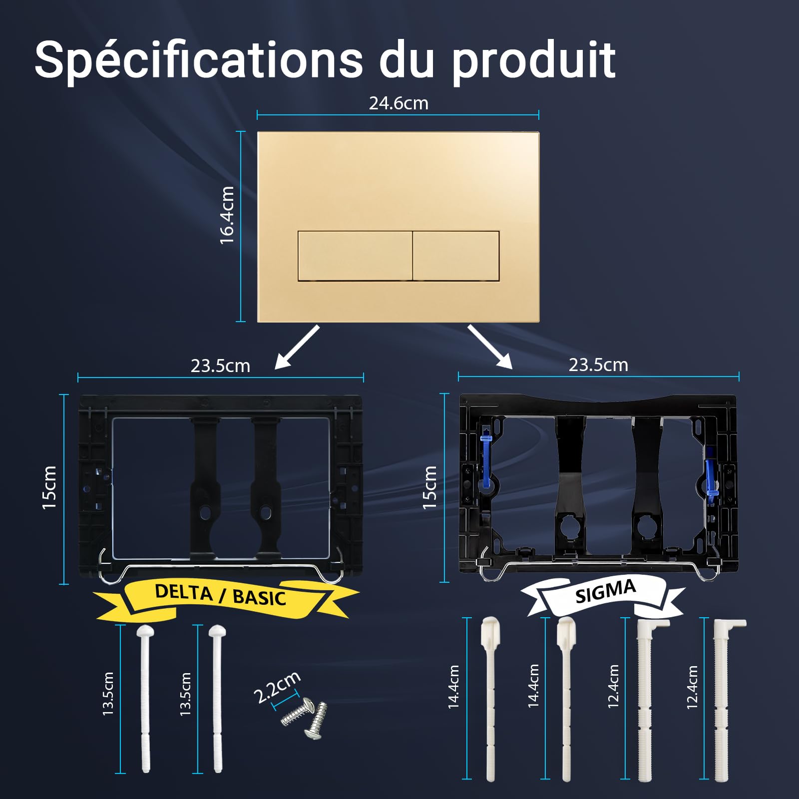 Empyreal Plaque de commande pour réservoirs de WC, compatible avec Geberit Duofix Sigma/Delta/BASIC, pour double chasse d'eau, avec 1 Trappe de visite(Or Mat)