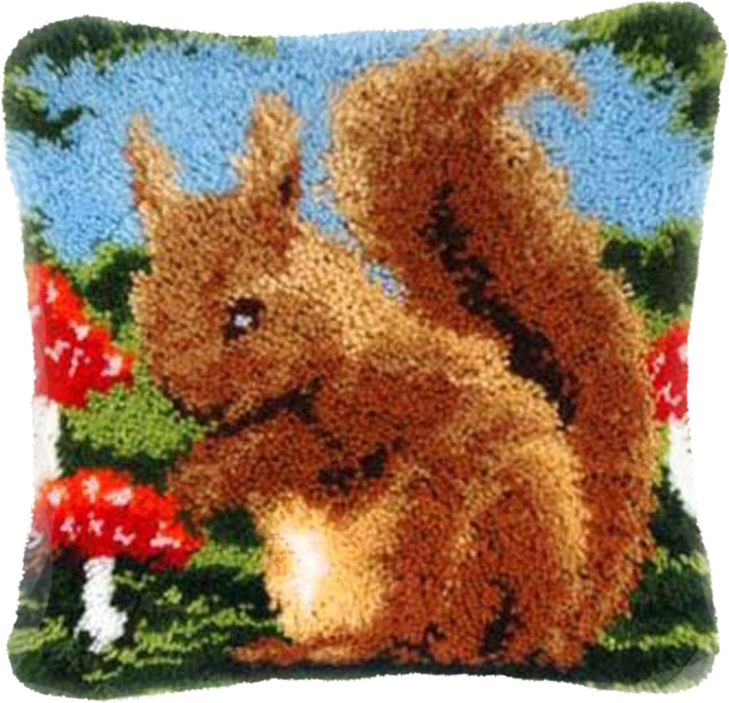 Gift2uLatch Hook Kit, Squirrel DIY Throw Pillow Cover Sofa Cushion Cover Latch Hook Rug Kit 16X16 inch Animal Pattern Paint Embroidery