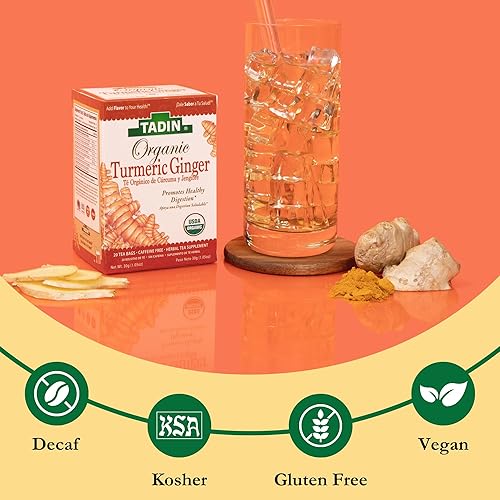 Miniatura 5 de Tadin Té orgánico de cúrcuma y jengibre, apoya la digestión saludable, té de hierbas sin cafeína, 20 bolsas de té por caja, paquete de 6