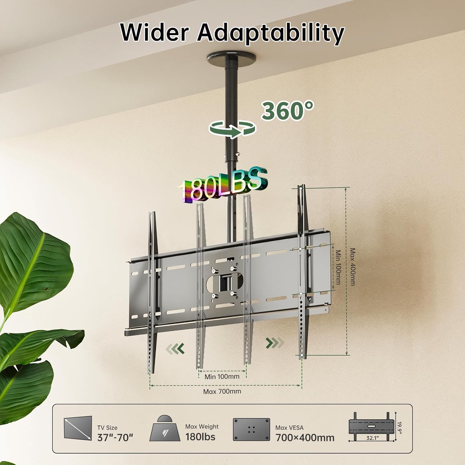 Gibbon Mounts TV Ceiling Mount - Height Adjustable Bracket, Hanging Tilt 15 Swivel 360 Rotation Full Motion Pole Mount for 37-70" TVs, Up to 180 lbs, 700x400mm VESA Max, Black
