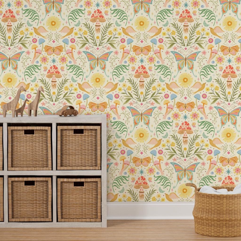 Peel & Stick Wallpaper 6ft x 2ft - Woodland Damask Bright Pastels Pale Yellow Spring Floral Botanical Butterfly Colorful Cheerful Custom Removable Wallpaper by Spoonflower