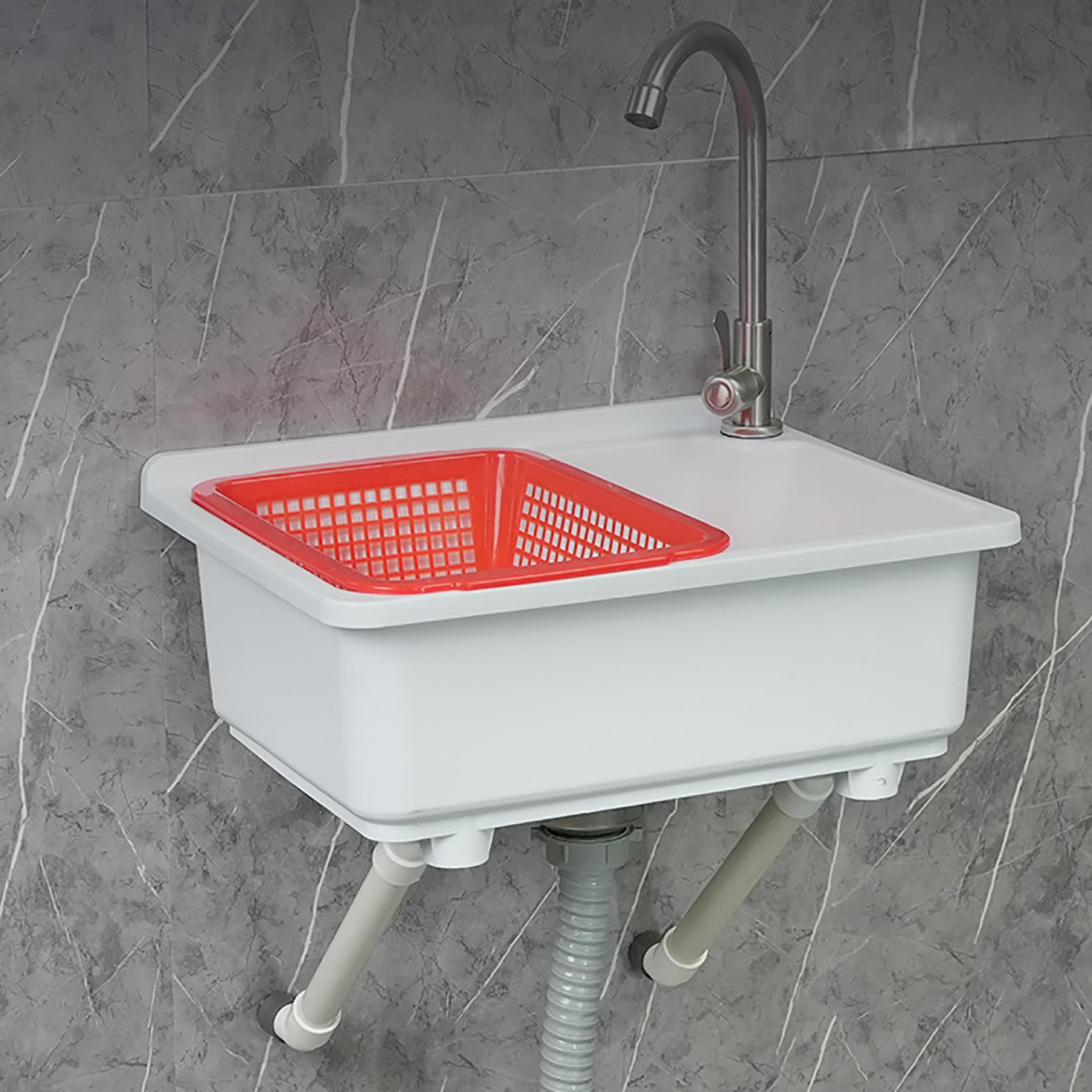 Fregadero de resina para exteriores, 38,5 x 28,5 x 18 cm, color blanco, para jardín, restaurante, garaje, camping, incluye grifo mezclador frío y caliente