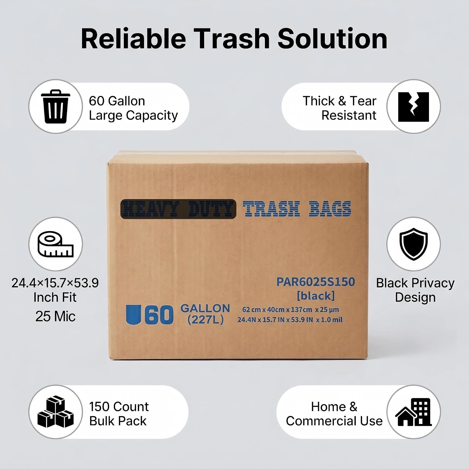 60 Gallon Large Opaque Black Foldable Trash Bags, 1.0 Mil Thick 150 Count, Medium Strength Sturdy Flat Bottom Can Liners for Daily Household & Commercial Light Waste image 2