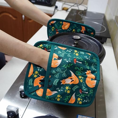 Miniatura 3 de Pot Holders Set of 2 Heat Resistant 480℉ Kitchen 100% Cotton Comfortable Lining Printing Fox Flower Women Men Home Cooking Baking Microwave BBQ Flor