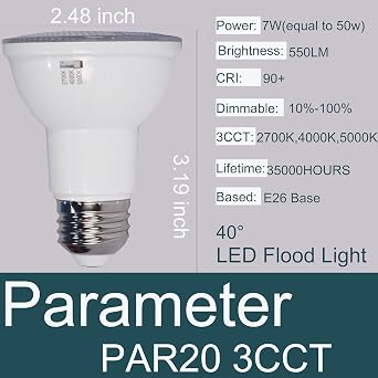 3CCT PAR20 LED Bulb Dimmable,7W (50W Equivalent),2700K Warm White,4000K (Bright White Glow), 5000K Daylight CRI 90+, Medium Base (E26), 4-Pack