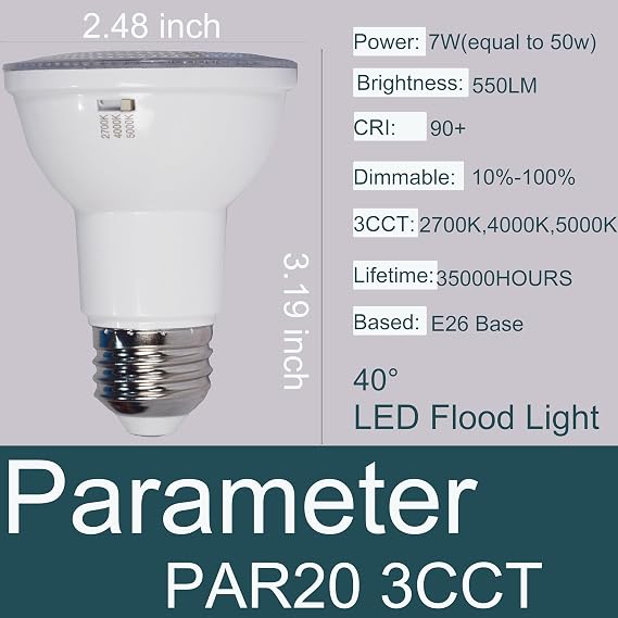 3CCT PAR20 LED Bulb Dimmable,7W (50W Equivalent),2700K Warm White,4000K (Bright White Glow), 5000K Daylight CRI 90+, Medium Base (E26), 4-Pack