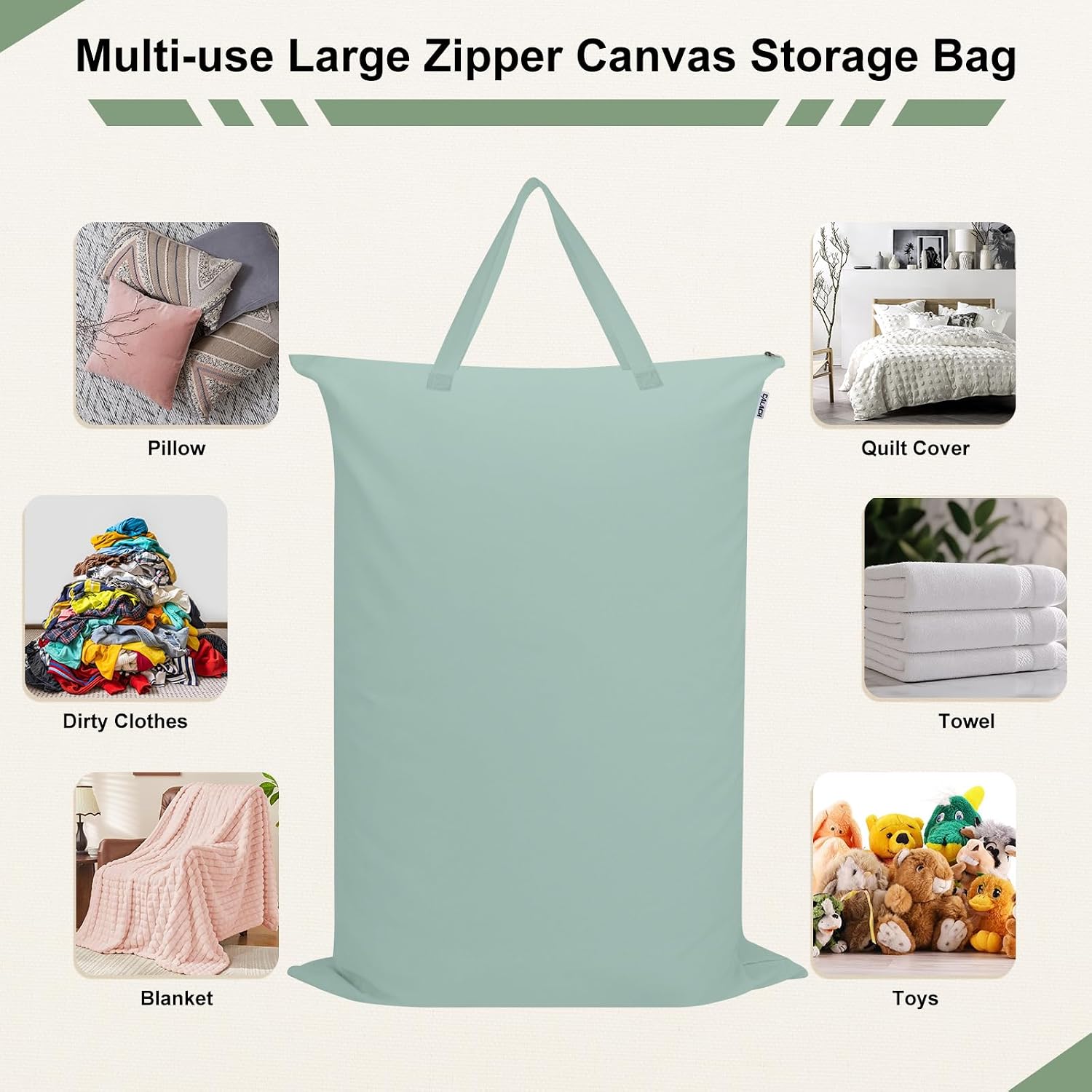 Laundry Bag with Zipper & Handles, 120L Extra Large Canvas Bag Mint Green | 23.6"W x 35"H, Dirty Clothes Organizer, Washable Storage Sack for College Dorm, Travel, Camping, Pillows, Apartment