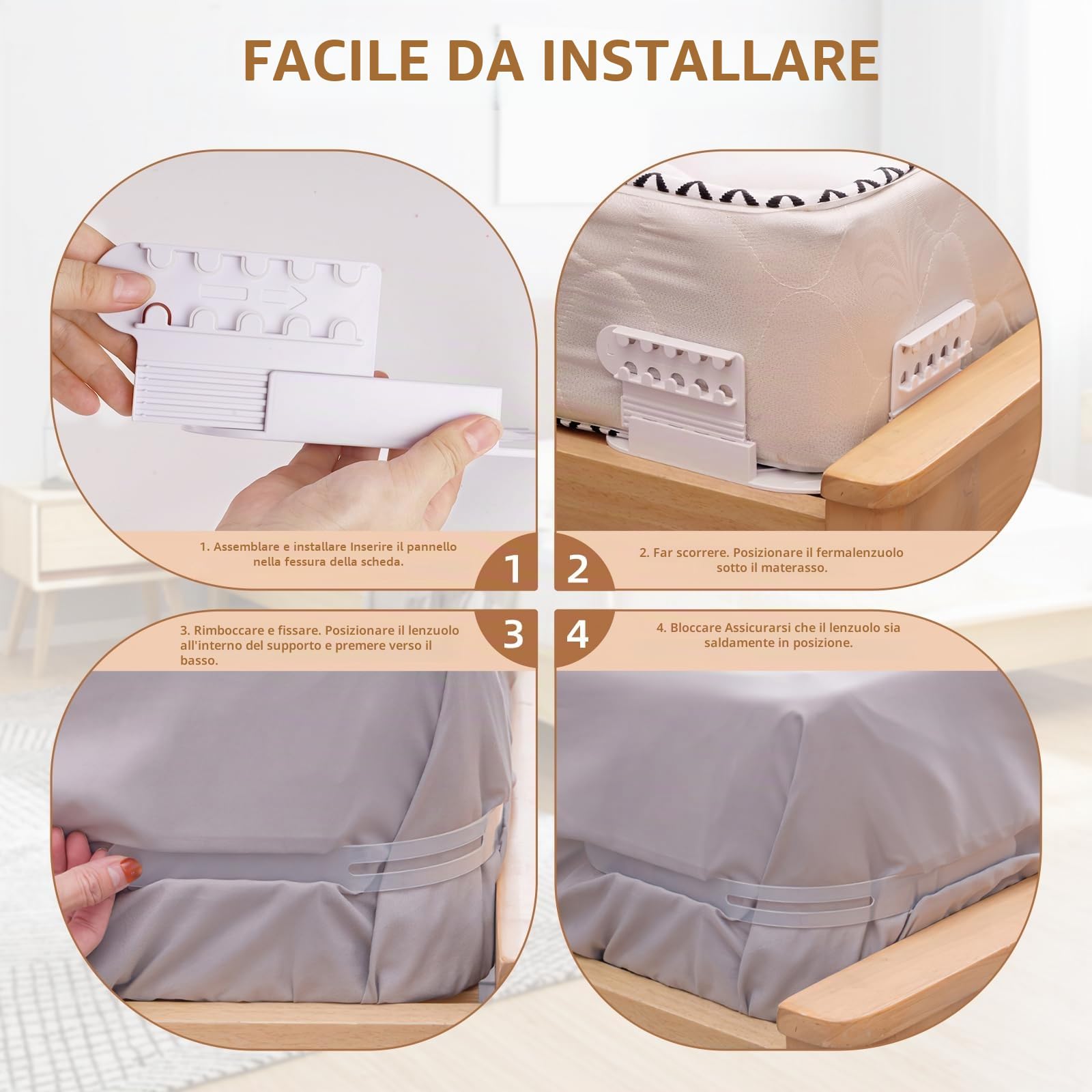 Hainue 4 Pezzi Blocca Lenzuola, Supporto per Blocca Lenzuolo con Strisce di Bloccaggio,Rimovibile,5 Livelli Regolabile in Altezza,per Materasso per Tutte Le Dimensioni(Bianco)