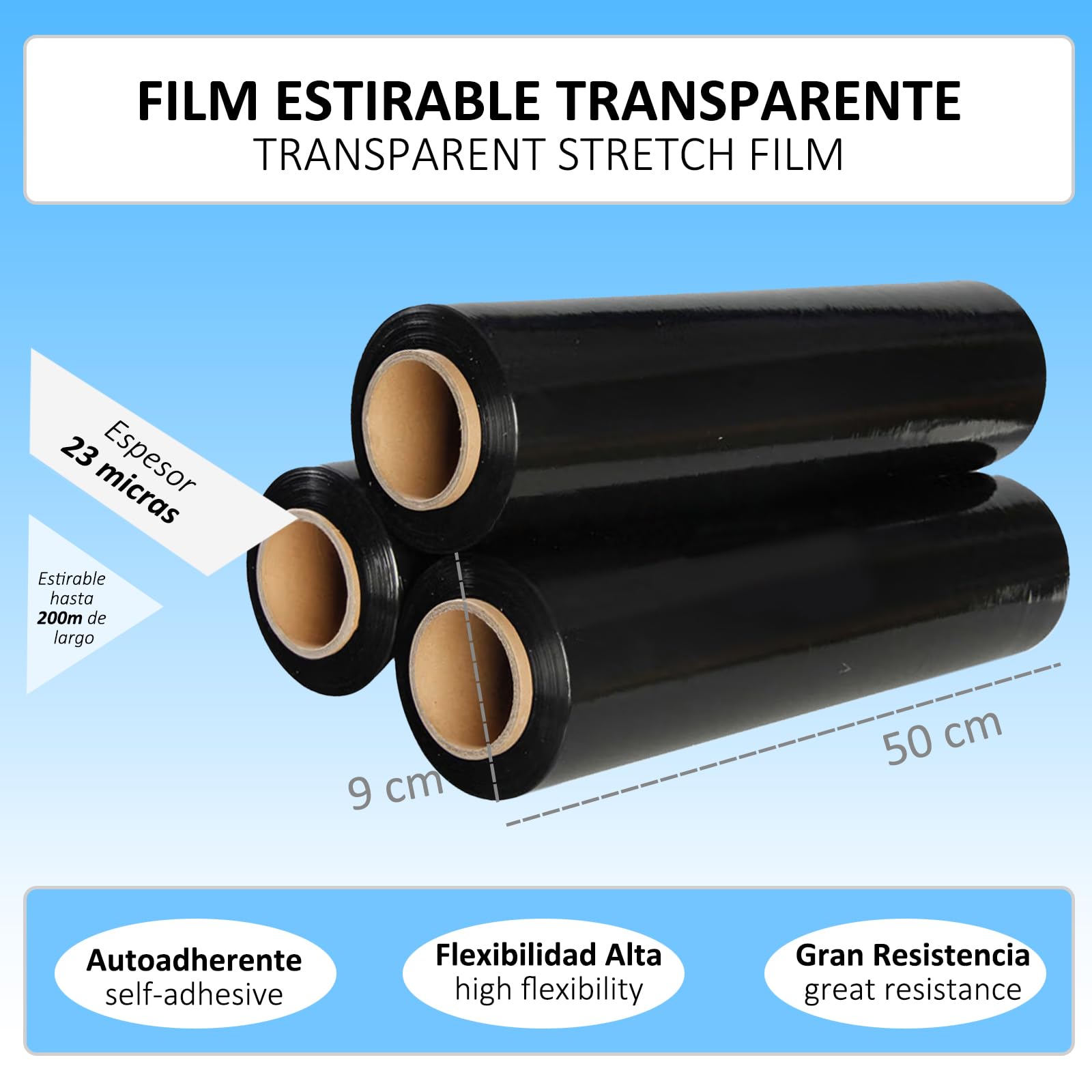 HIBRON Film Estirable Negro, 50 cm de Anchura, 23 Micras de Espesor, Estirable hasta 200m Largo, Autoadherente, Alta Flexibilidad, Muy Resistente. (2 Rollos)