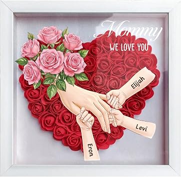 Personalized Mommy Holding Hands Shadow Box Custom Mom or Grandma Flower Shadow Box Frame with Kids Names Hand in Hand Design for Mom Nana Grandma Mothers Day