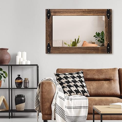 Miniatura 5 de Espejo de pared con marco de madera rústica para baño, espejo decorativo de madera natural, espejo rectangular montado en la pared para dormitorio,
