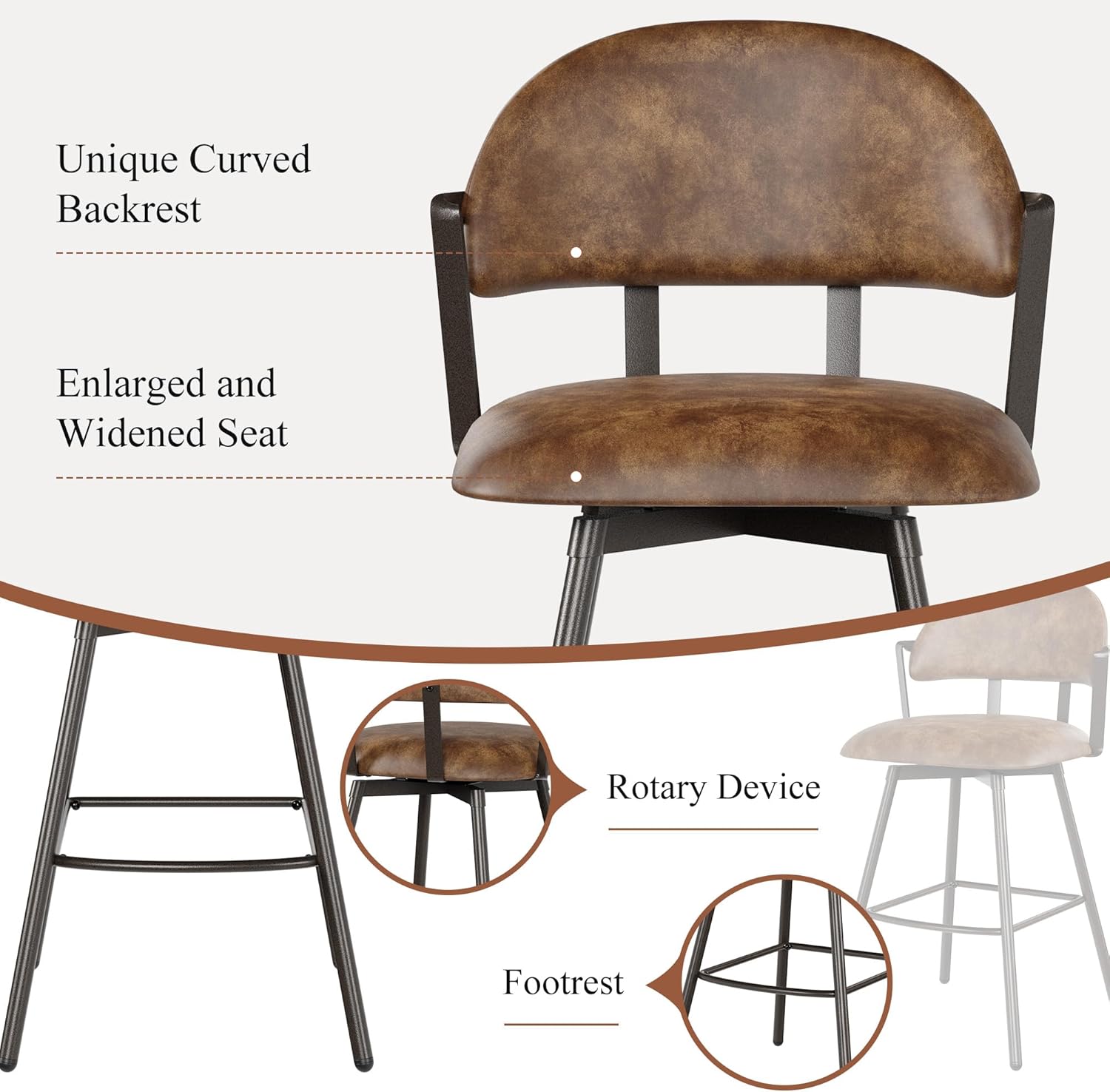 BFZ 26" Bar Stools Set of 2, Modern Swivel Counter Height Bar Chairs with Backs and Metal Legs, Faux Leather Upholstered Barstools for Kitchen Island, Dining Room