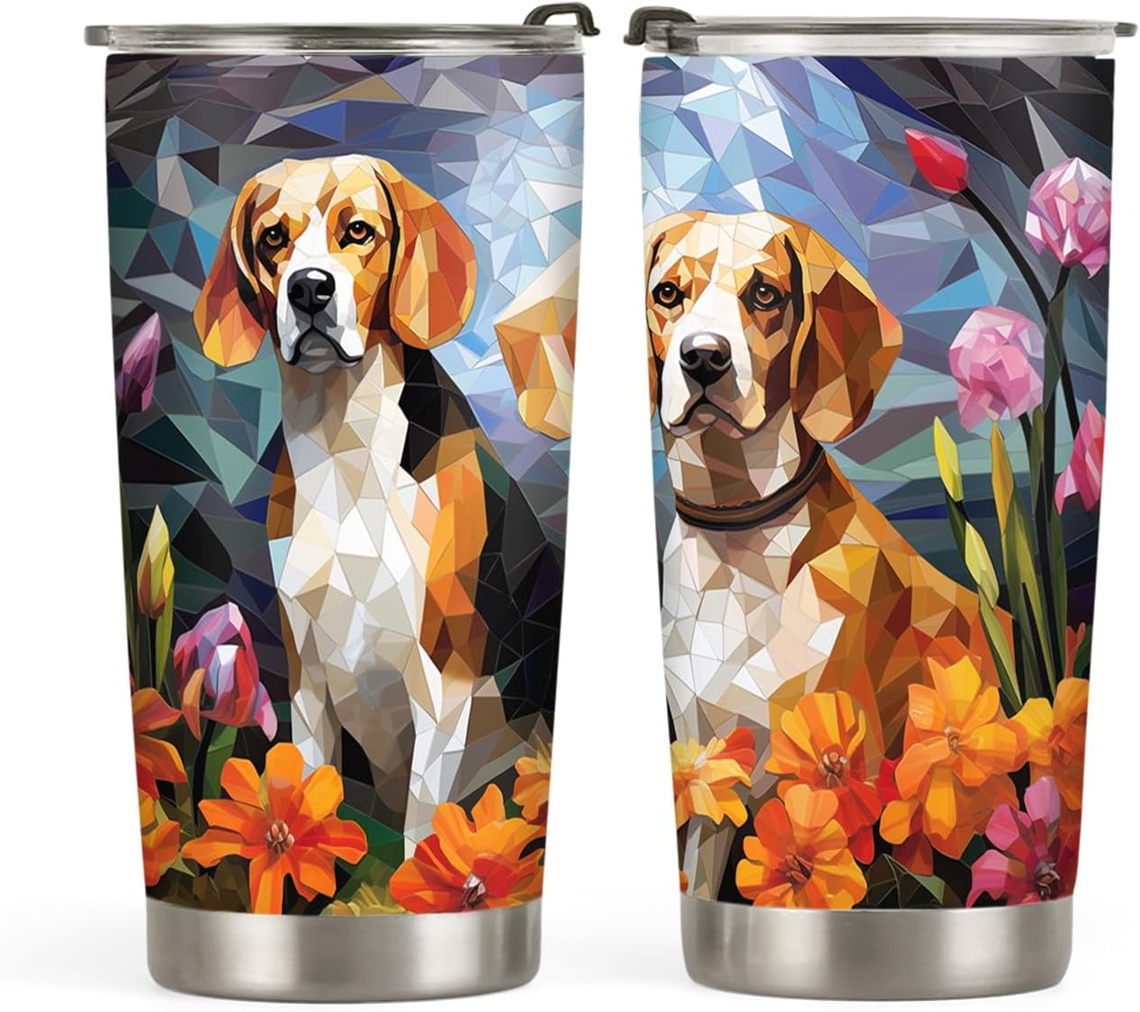 20oz Colorful Sihouette Mosaic Stained Glass Crystal Family Couple Beagle Tumbler, Gifts for Beagle Lovers, Stainless Steel Double Wall Vacuum Insulated Coffee Mug, Travel Cup with Lid